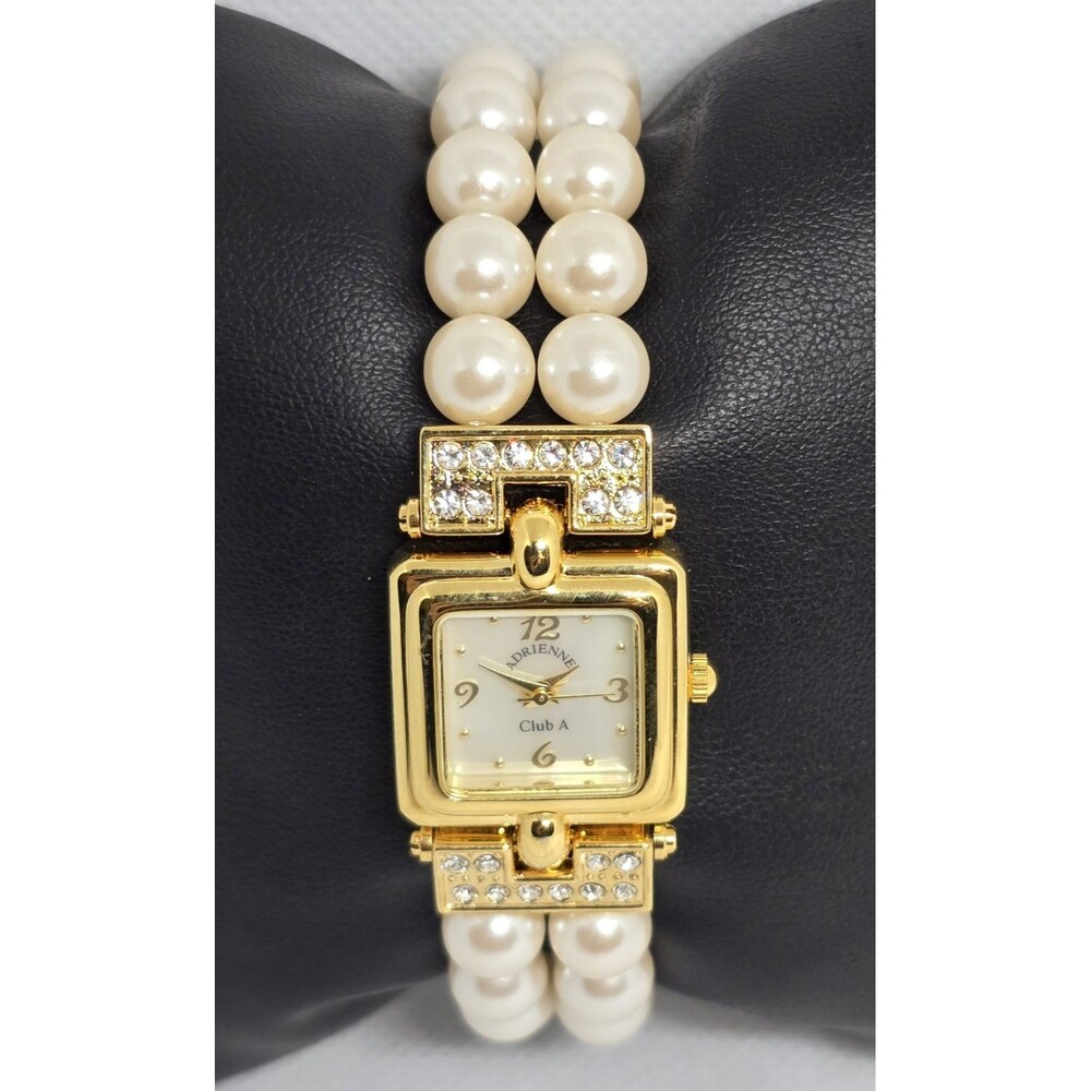 Women's Adrienne Club A Fancy Gold Tone Rhinestone Pearl Bracelet Band Watch 10 - Picture 4 of 9